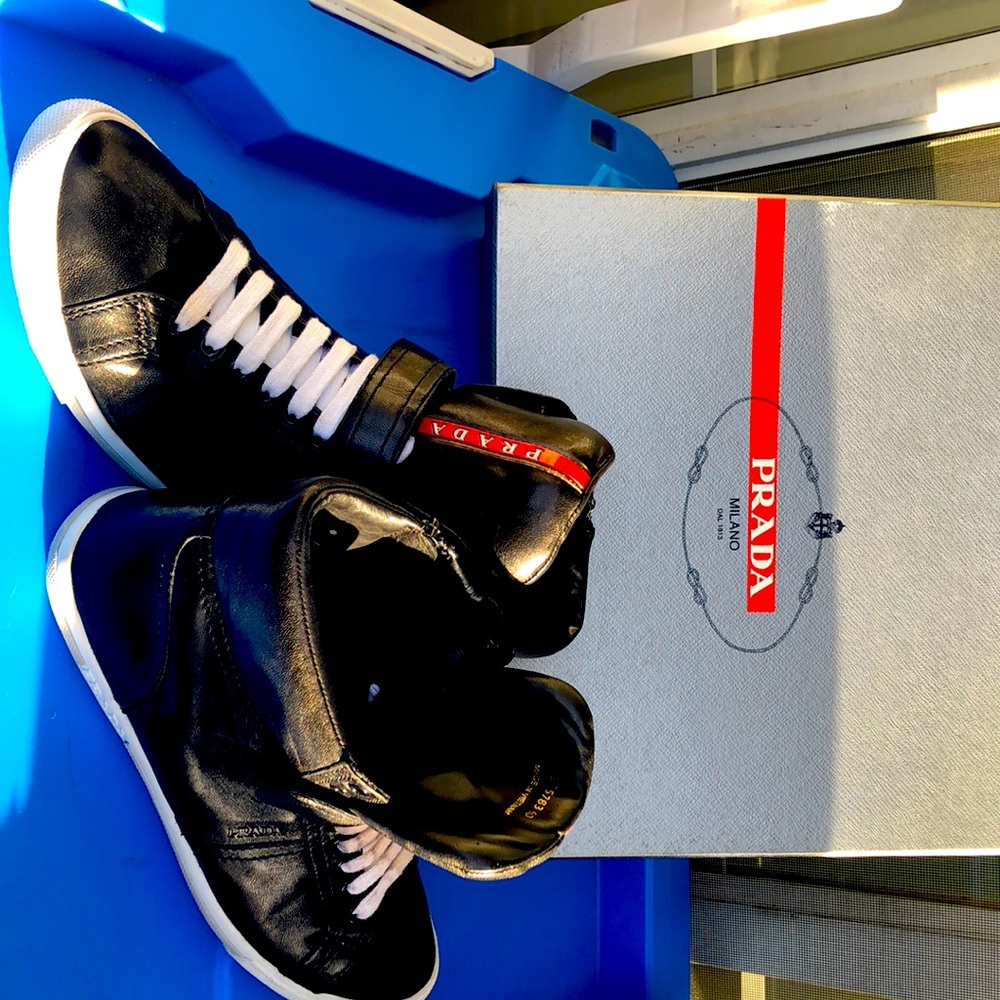 Prada black leather sneakers women’s size 10. Gently used.